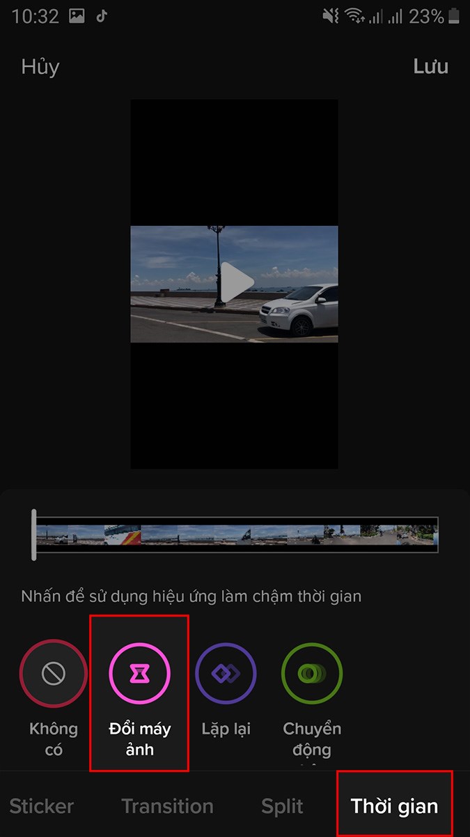 Chọn Thời gian > Chọn Đổi máy ảnh để tua ngược video trên TikTok Chọn Thời gian > Chọn Đổi máy ảnh để tua ngược video trên TikTok