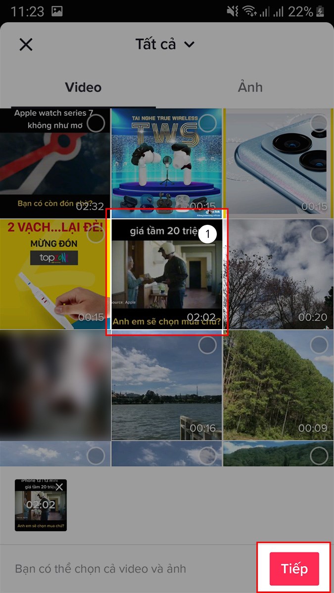 Chọn video m&agrave; bạn chỉnh giọng n&oacute;i > Chọn Tiếp