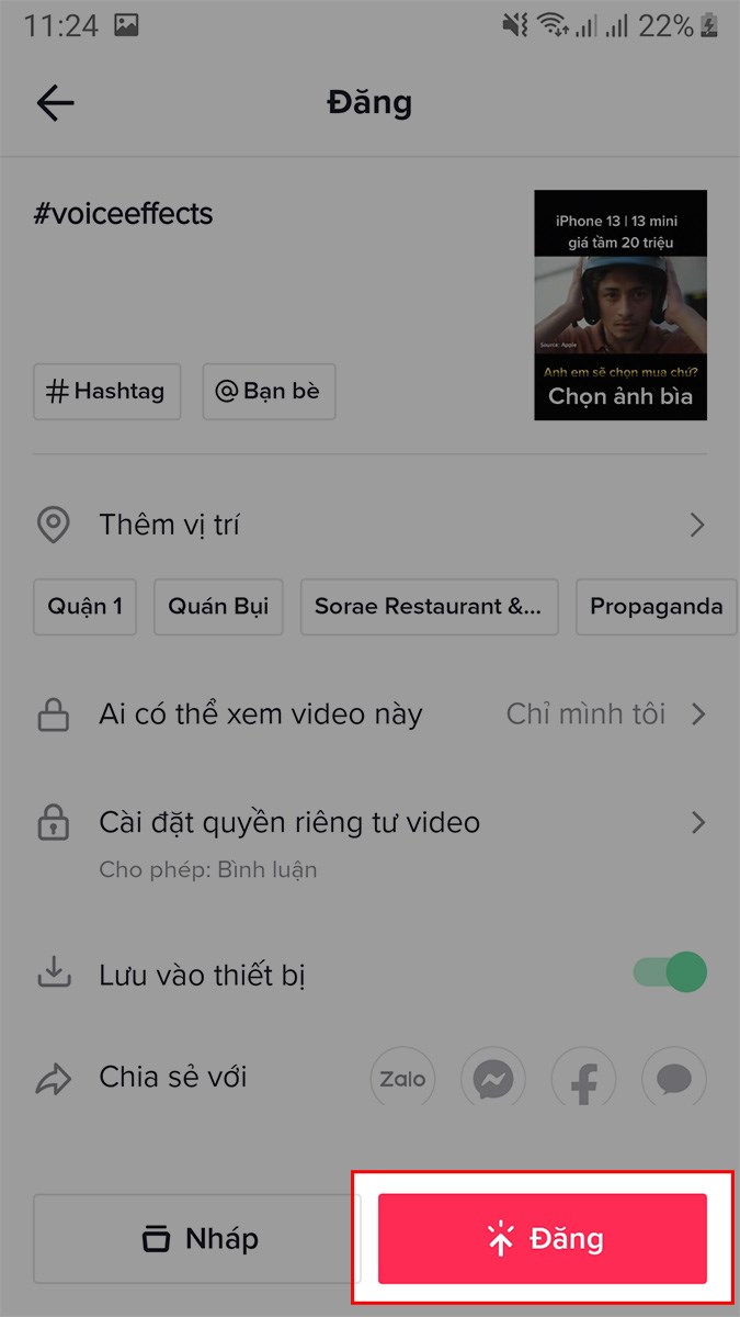 Chọn Đăng để tải video lên TikTok hoặc chia sẻ với bạn bè qua Facebook, Zalo,...