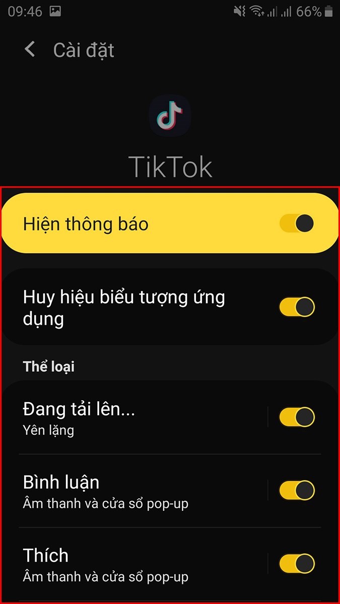 Chọn c&aacute;c loại th&ocirc;ng b&aacute;o m&agrave; bạn muốn tắt bằng c&aacute;ch gạt biểu tượng n&uacute;t gạt sang tr&aacute;i