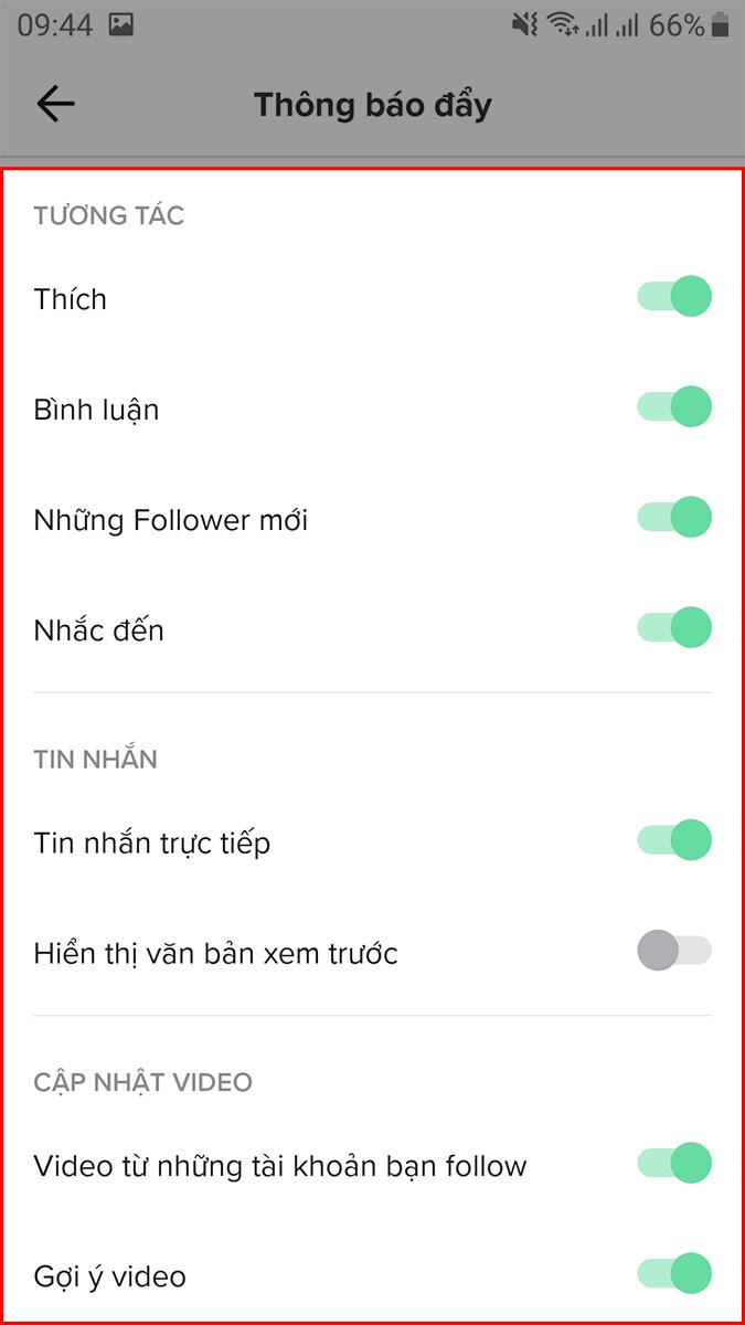 Chọn c&aacute;c loại th&ocirc;ng b&aacute;o m&agrave; bạn muốn tắt bằng c&aacute;ch gạt biểu tượng n&uacute;t gạt sang tr&aacute;i