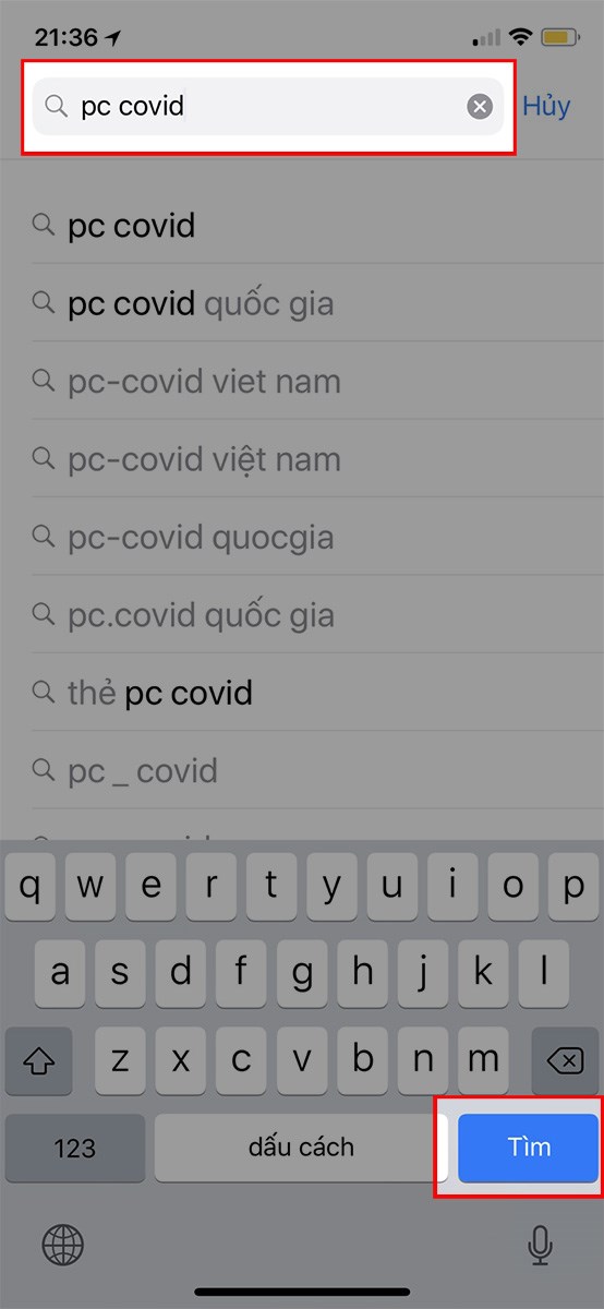 Nhập PC Covid vào khung tìm kiếm > Chọn Tìm