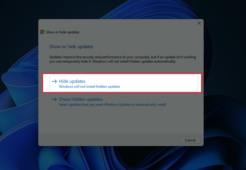 chọn Hide update để tắt, ẩn các cập nhật 