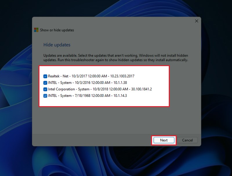 tích vào các bản cập nhật và ấn chọn Next để hoàn tất