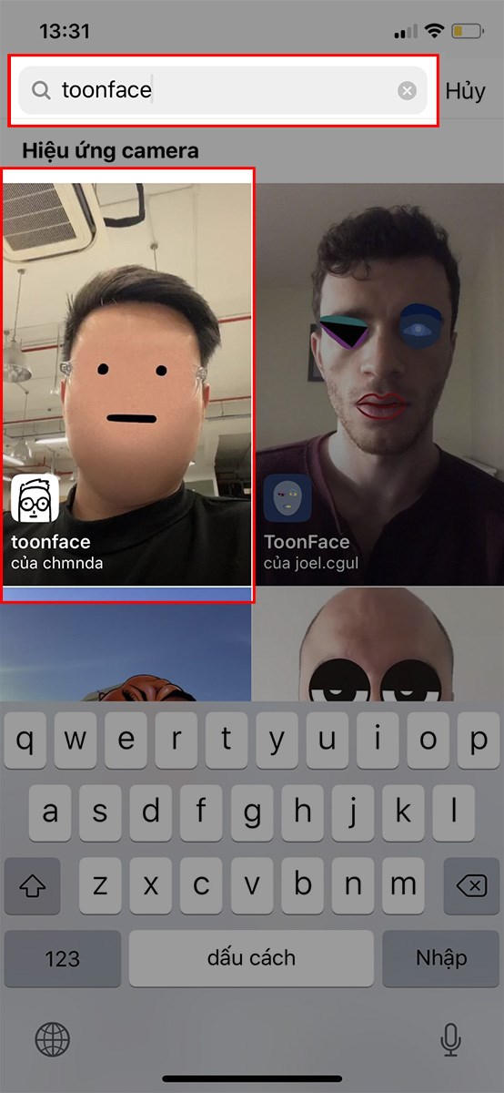 Nhập từ khóa toonface vào hộp tìm kiếm và chọn bộ lọc toonface mask