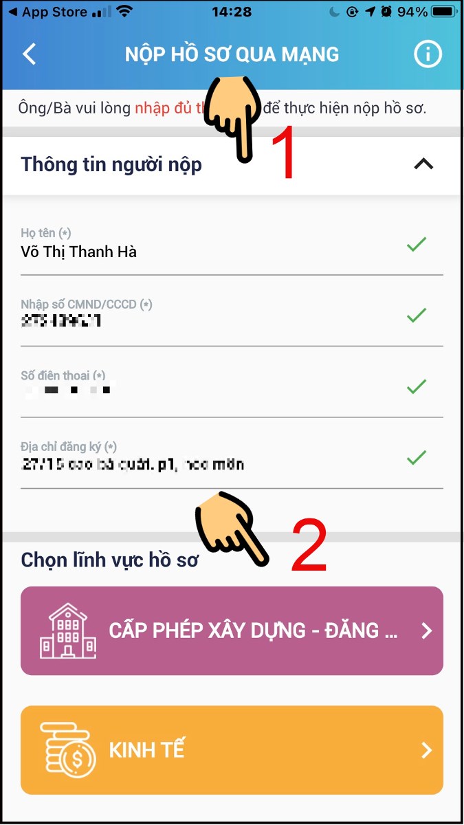 Nhập Thông tin người nộp và chọn lĩnh vực hồ sơ