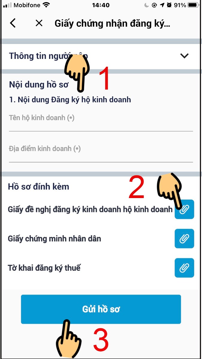 Nhập Nội dung hồ sơ, tải Hồ sơ đính kèm lên và nhấn nút Gửi hồ sơ