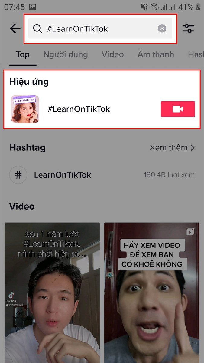 Nhập từ khóa learnontiktok > Chọn hiệu ứng #LearnOnTikTok Nhập từ khóa learnontiktok > Chọn hiệu ứng #LearnOnTikTok