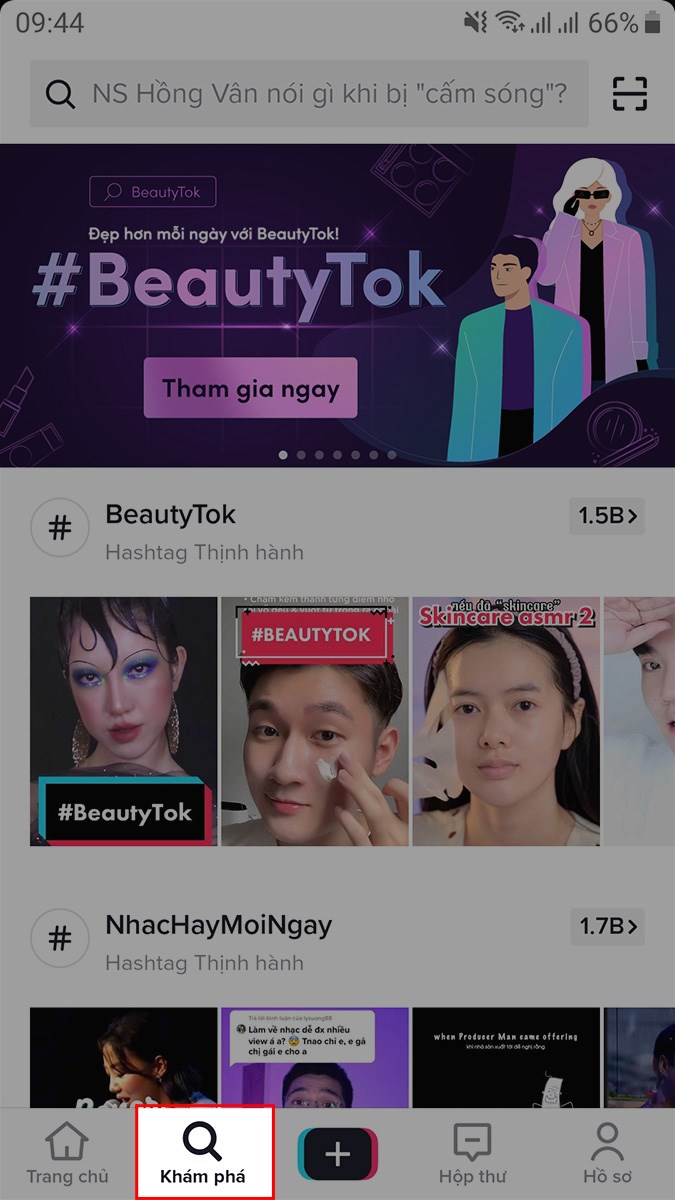 Mở ứng dụng TikTok, chọn Khám phá Mở ứng dụng TikTok, chọn Khám phá