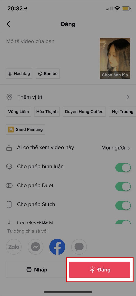 Chọn Đăng để tải video lên TikTok hoặc chia sẻ với bạn bè qua Facebook, Zalo,... Chọn Đăng để tải video lên TikTok hoặc chia sẻ với bạn bè qua Facebook, Zalo,...
