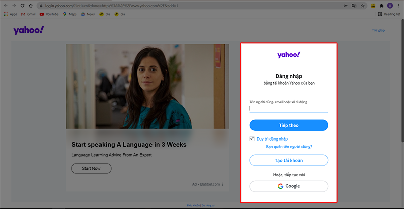 Thực hiện đăng nhập hoặc tạo t&agrave;i khoản Yahoo mail