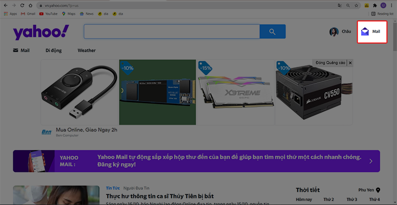 Nhấn chọn mail để tiếp tục