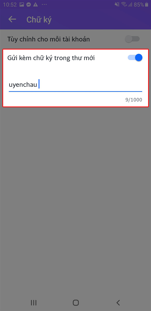 Gạt thanh gửi k&egrave;m chữ k&yacute; trong thư mới sang phải v&agrave; nhập chữ k&yacute;