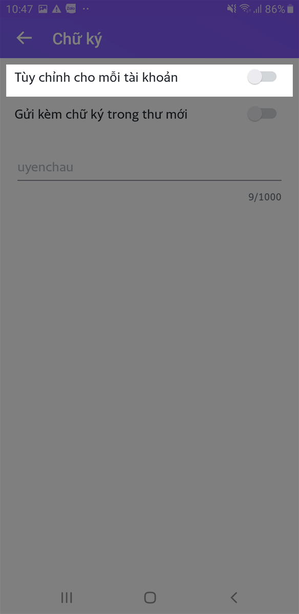 Gạt thanh t&ugrave;y chỉnh cho mỗi t&agrave;i khoản sang phải để tạo chữ k&yacute; ri&ecirc;ng biệt cho nhiều t&agrave;i khoản