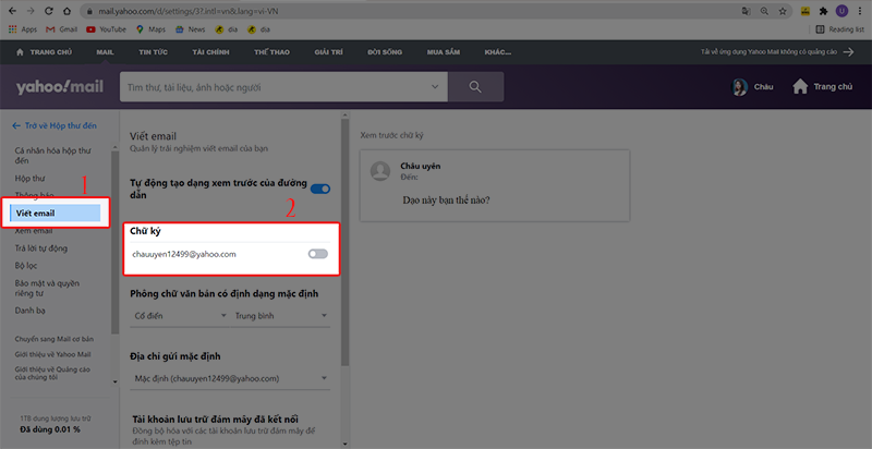 Nhấp chọn viết email v&agrave; gạt thanh chữ k&yacute; sang b&ecirc;n phải