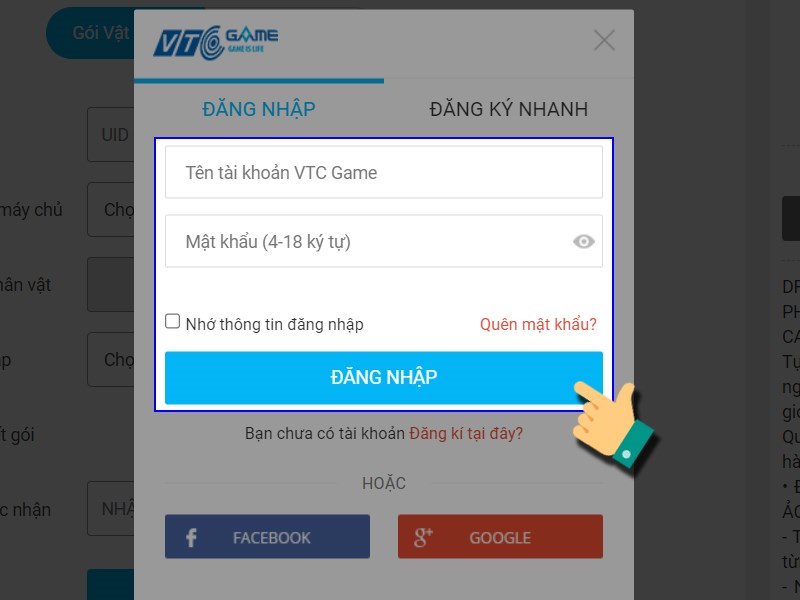 Đăng nhập tài khoản game