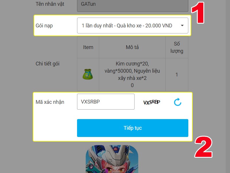 Chọn gói nạp và nhập mã xác nhận Chọn gói nạp và nhập mã xác nhận