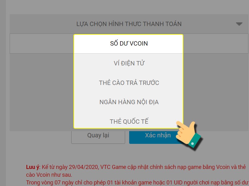 Chọn gói nạp bạn muốn mua Chọn phương thức thanh toán