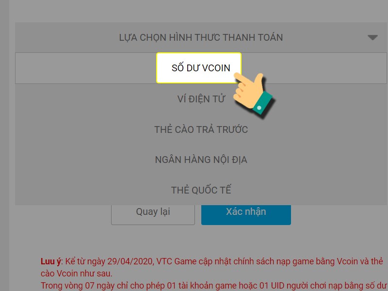 Nạp bằng Vcoin Nạp bằng Vcoin