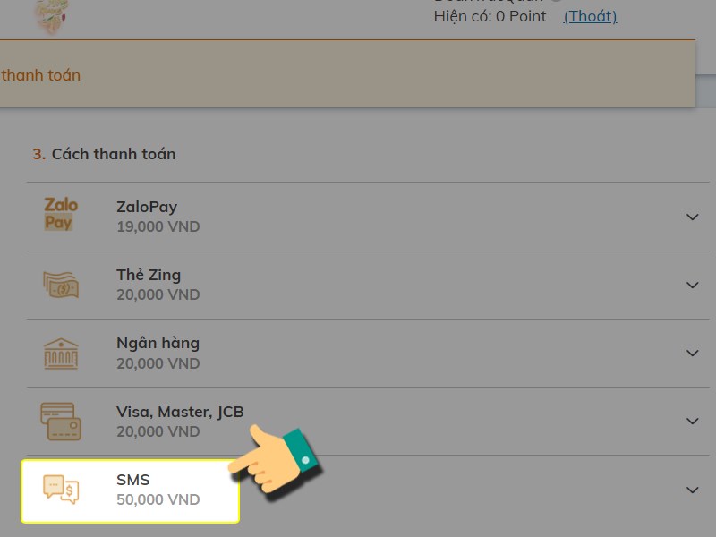 Chọn thanh toán bằng SMS