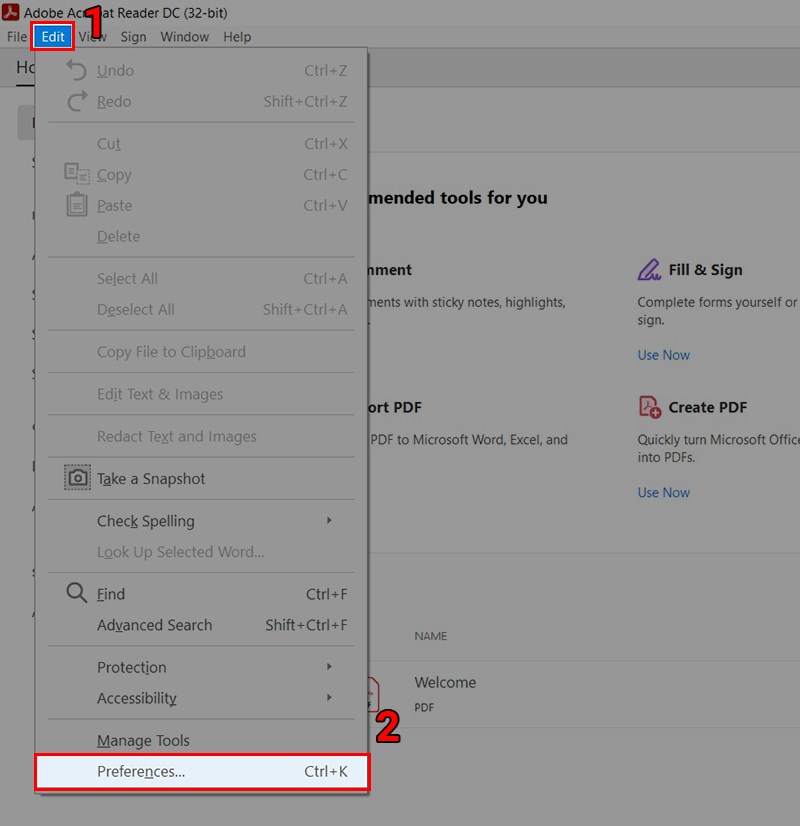 Vào Adobe Reader, sau đó chọn vào Edit và nhấp vào Preference. Vào Adobe Reader, sau đó chọn vào Edit và nhấp vào Preference.