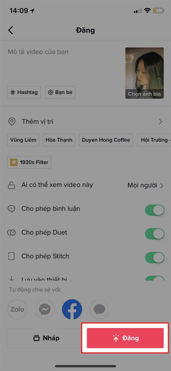 Chọn Đăng để tải video lên TikTok hoặc chia sẻ với bạn bè qua Facebook, Zalo,... Chọn Đăng để tải video lên TikTok hoặc chia sẻ với bạn bè qua Facebook, Zalo,...