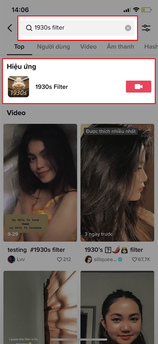 Nhập từ kh&oacute;a 1930s filter > Chọn hiệu ứng 1930s Filter