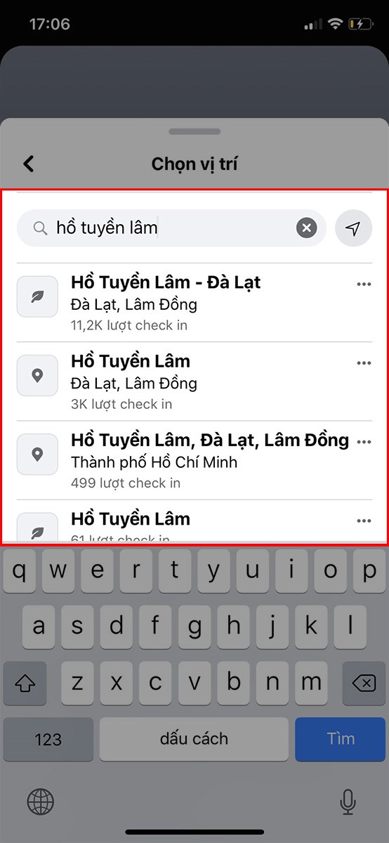 hập địa điểm bạn muốn check in tr&ecirc;n story Facebook tại khung T&igrave;m kiếm địa điểm > Chọn địa điểm muốn check in
