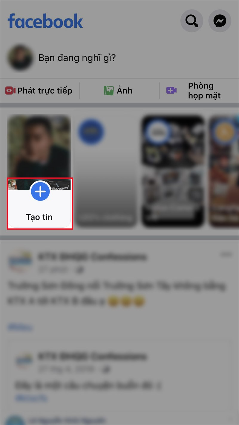 ở ứng dụng Facebook, nhấn vào biểu tượng dấu cộng ở mục Tạo tin