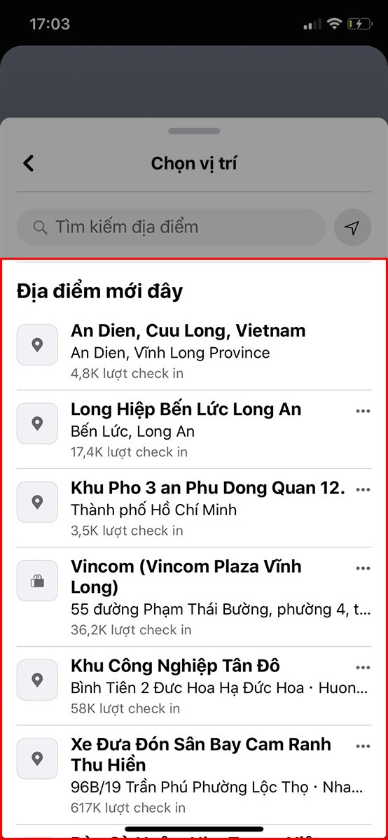 Bạn cũng có thể chọn các địa điểm đề xuất tại mục Địa điểm mới gần đây