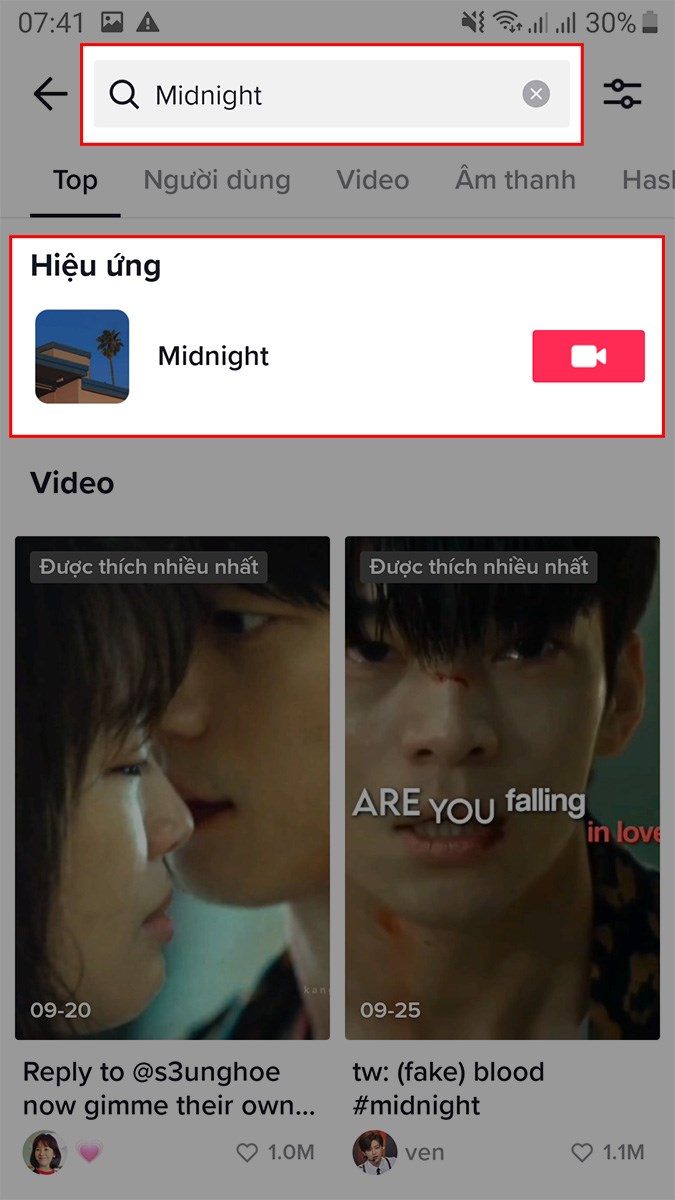 Nhập từ khóa midnight > Chọn hiệu ứng Midnight Nhập từ khóa midnight > Chọn hiệu ứng Midnight