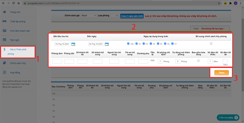 Bổ sung thông tin tại mục giá và phân phối phòng 