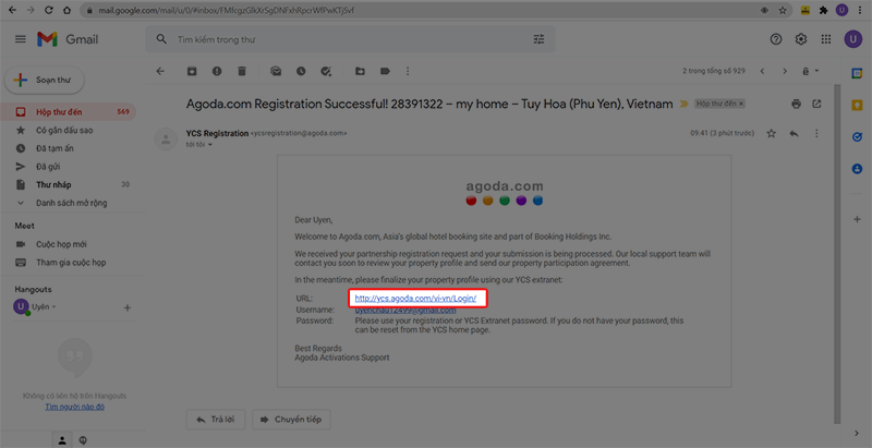 Truy cập vào URL trong thư xác nhận của Agoda để đăng nhập vào tài khoản