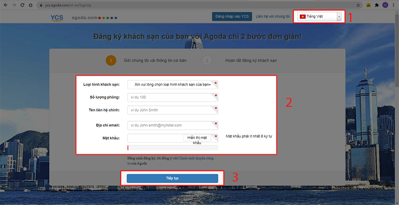 Chọn ngôn ngữ, điền thông tin và nhấn tiếp tục
