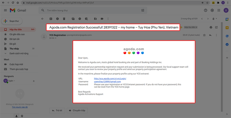 Kiểm tra mail phản hồi của Agoda được gửi đến trong Gmail của bạn