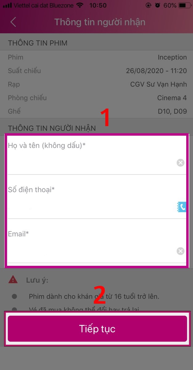 Điền Họ và tên, số điện thoại, email của người nhận và nhấn Tiếp tục