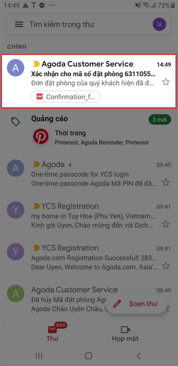 Mở thư xác nhận đặt phòng được gửi tới trong Gmail của bạn