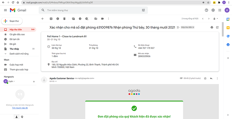 Mở thư xác nhận đặt phòng trong tài khoản Gmail của bạn