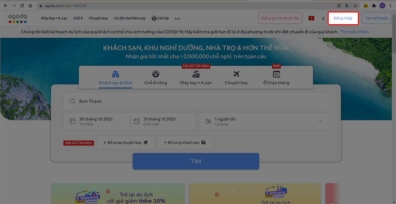 Đăng nhập vào tài khoản Agoda của bạn