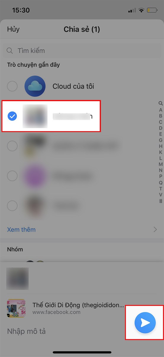 Bạn cũng có thể chọn chia sẻ cho 1 người bạn hoặc nhóm qua tin nhắn  Chọn biểu tượng chia sẻ