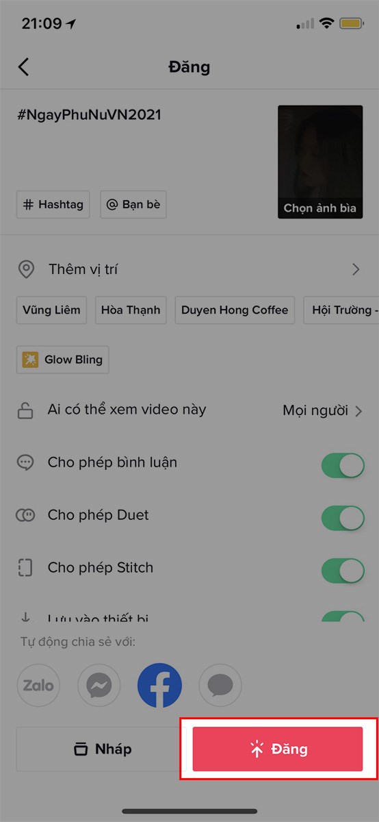 Chọn Đăng để tải video lên TikTok hoặc chia sẻ với bạn bè qua Facebook, Zalo,... Chọn Đăng để tải video lên TikTok hoặc chia sẻ với bạn bè qua Facebook, Zalo,...