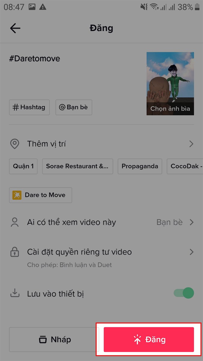 Chọn Đăng để tải video lên TikTok hoặc chia sẻ với bạn bè qua Facebook, Zalo,...