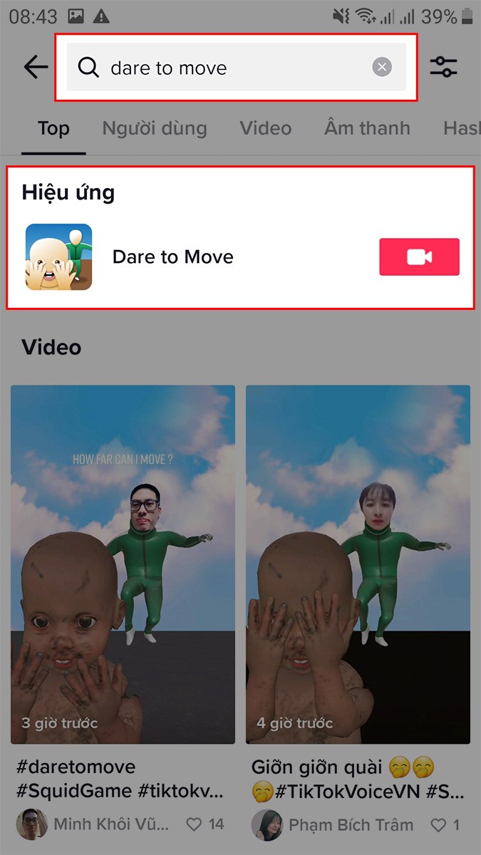 Nhập từ khóa dare to move  Chọn hiệu ứng Dare to Move