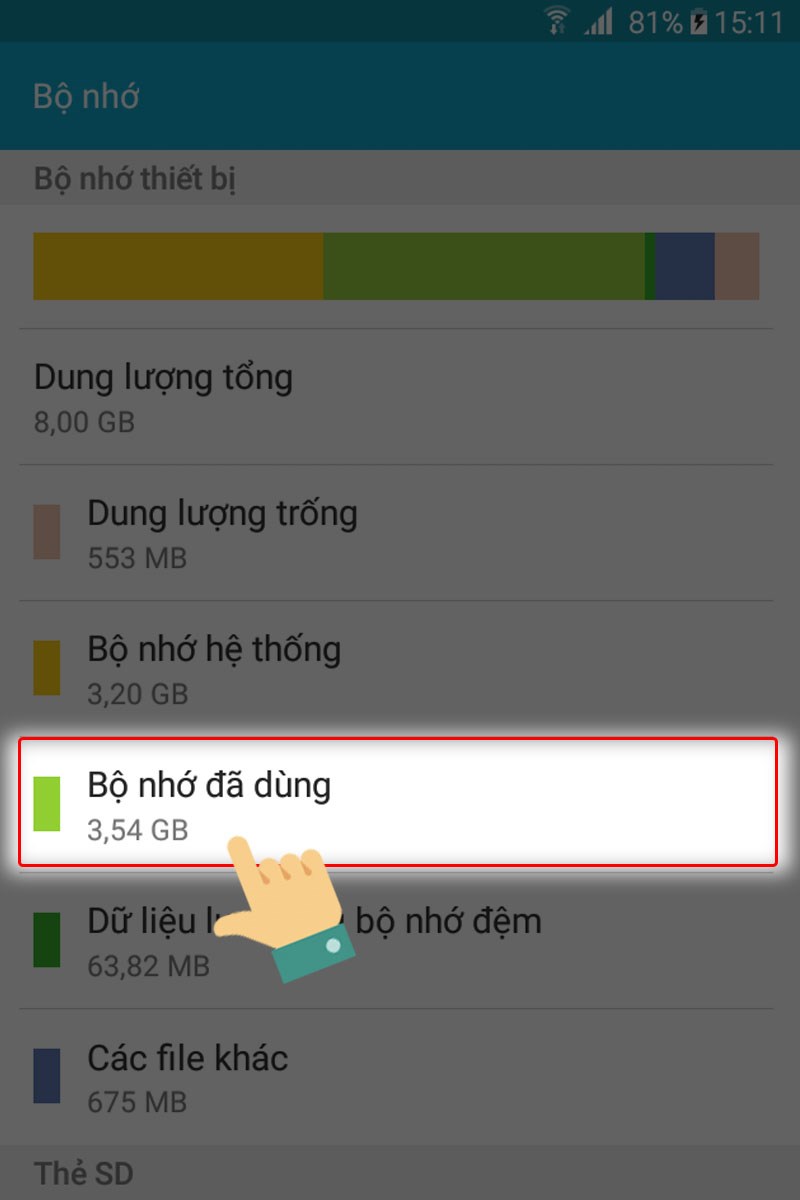 Chọn vào Bộ nhớ đã dùng