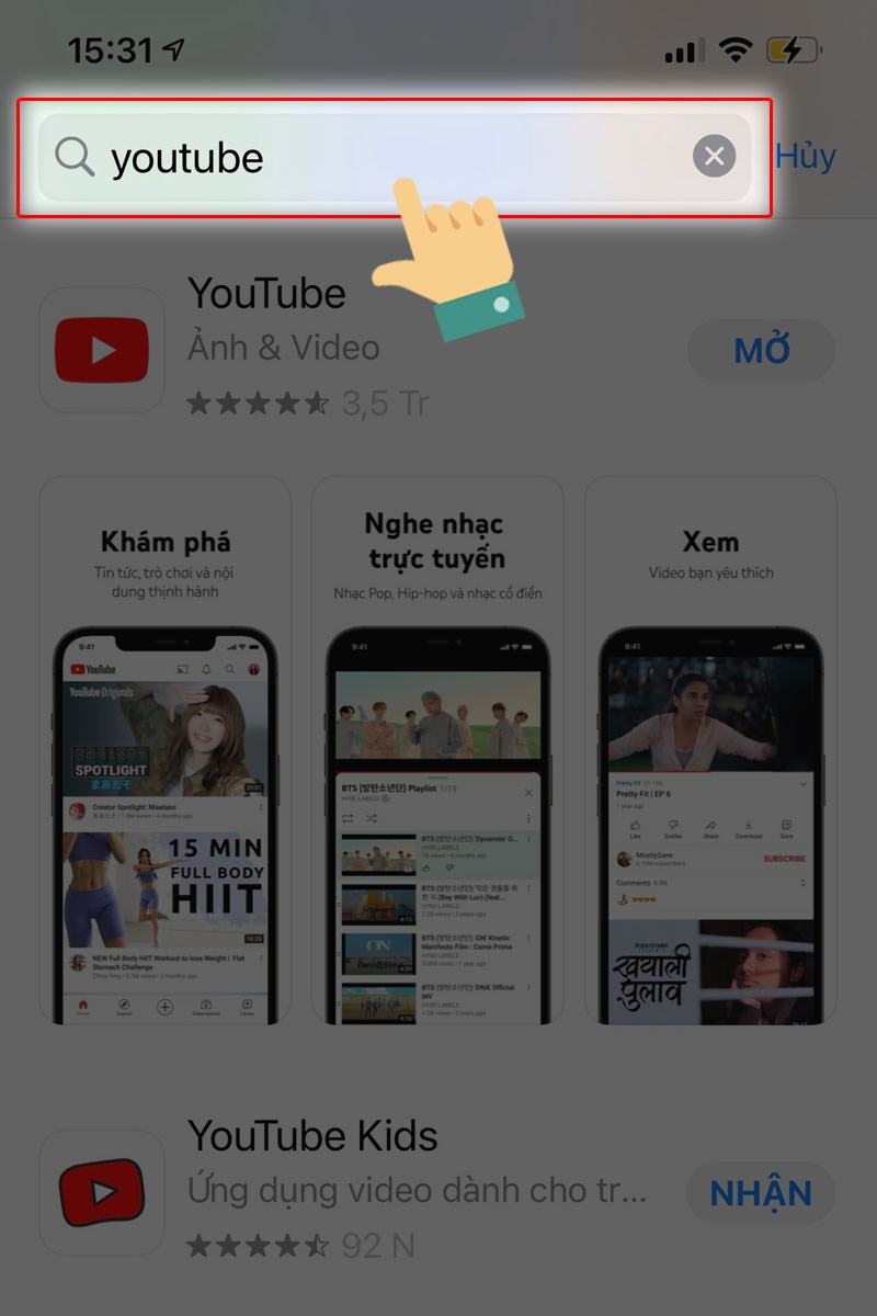 Tìm ứng dụng YouTube