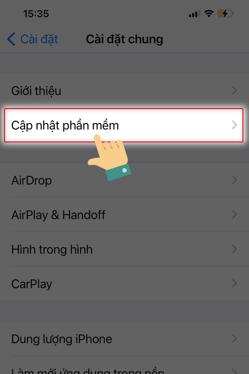 Chọn vào mục Cập nhật phần mềm