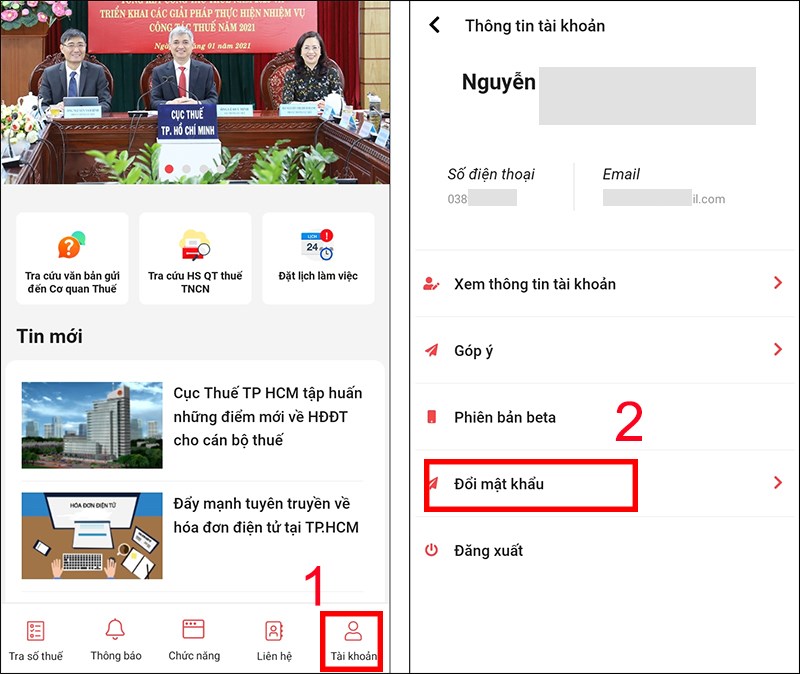 Chọn mục T&agrave;i khoản v&agrave; chọn Đổi mật khẩu