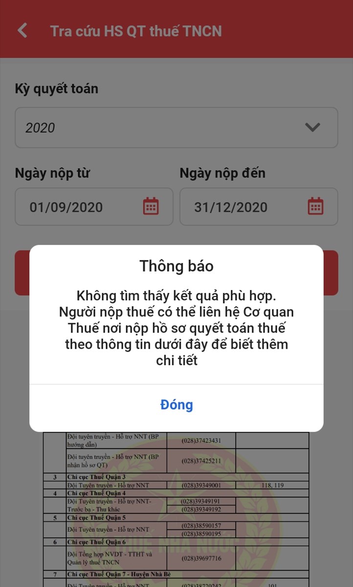 Kết quả hiển thị khi chưa nộp quyết to&aacute;n