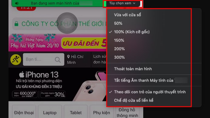 Chọn T&ugrave;y chọn xem > Chọn tỉ lệ m&agrave;n h&igrave;nh m&agrave; bạn muốn ph&oacute;ng to