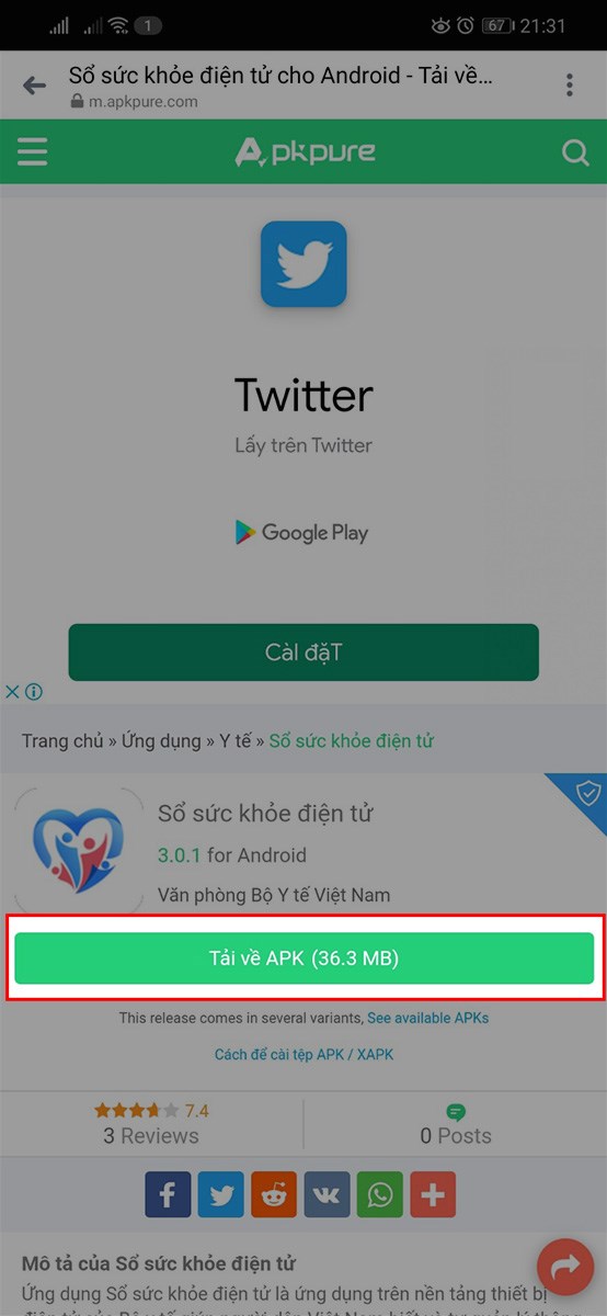 Truy cập link tải Sổ sức khỏe điện tử APK tại đ&acirc;y, chọn Tải về APK